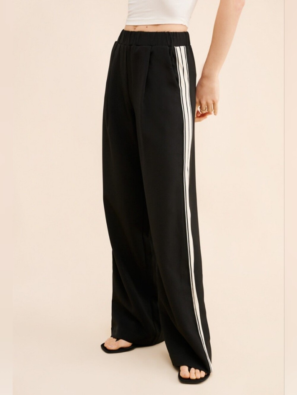Wide Leg Track Pants with Side Stripes - Black